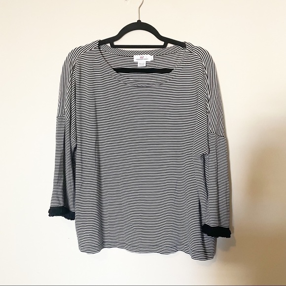 Vineyard Vines Jet Black and White Stripe Embellished Knit Top - Picture 1 of 5